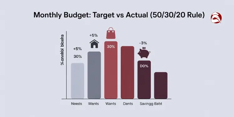Bar chart comparing target vs. actual monthly spending in 50/30/20