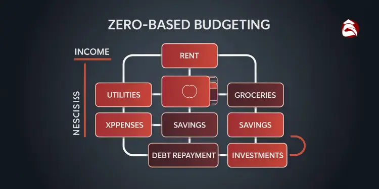 Income flowchart for zero-based budgeting showing categories like savings and bills