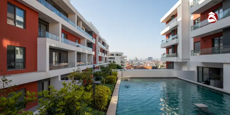 Modern apartment complex with balconies and pool