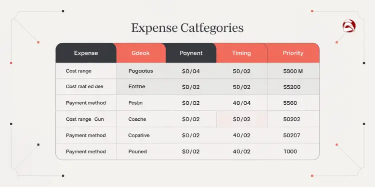 Table of expenses by category, timing, and priority