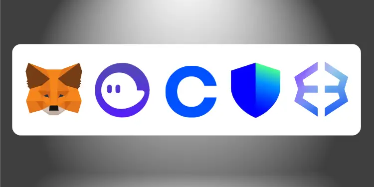 Five crypto wallet extension logos displayed side by side: MetaMask, Phantom, Coinbase, Trust, and Exodus.