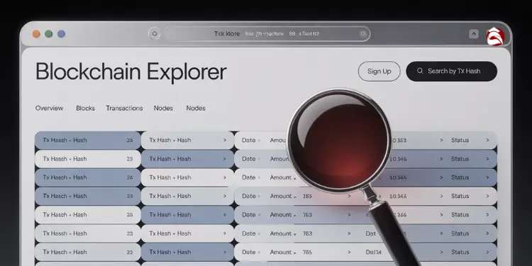 Blockchain explorer interface with magnifying glass over transaction hashes