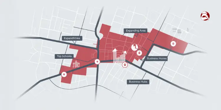 Map showing key areas, schools, and business hubs for property growth potential