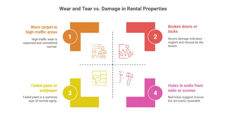 Infographic comparing examples of normal wear and tear with tenant-caused damage