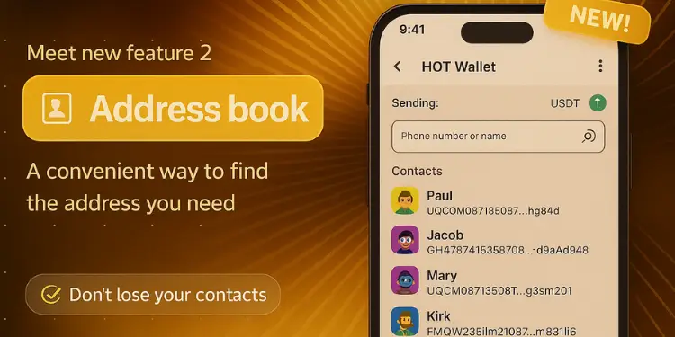 Smartphone screen shows HOT Wallet’s Address Book UI on a golden burst background with “NEW!” badge.