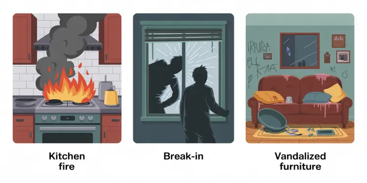 Graphic showing a stove fire, a home break-in silhouette and vandalized living-room furniture.