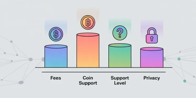 Stylized bar graph with four vertical bars representing fees, supported coins, support levels, and privacy features.