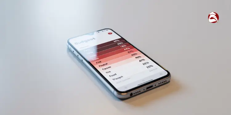 Mobile app with categorized expense percentages on a desk
