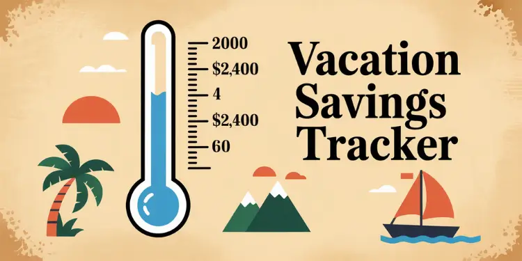 Vacation savings tracker showing a thermometer scale alongside palm tree, mountain, and boat icons.