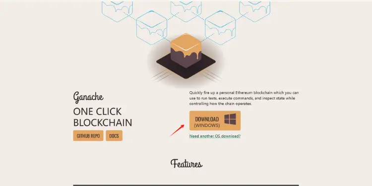 Ganache website screenshot featuring a download button for personal Ethereum blockchain setup.