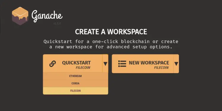 Screenshot of Ganache create-workspace screen showing Quickstart dropdown menu and New Workspace button.