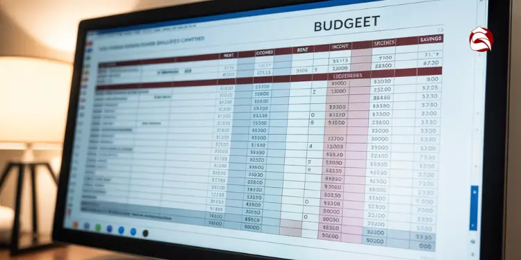Monitor showing budget spreadsheet labeled “BUDGEET” with detailed rows and columns