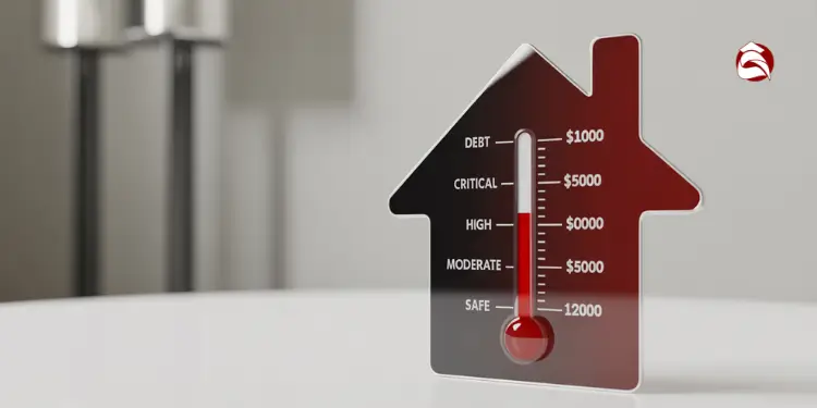 House-shaped savings thermometer tracking levels from debt to safe zone