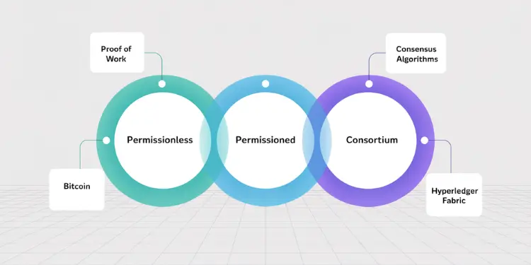 Three overlapping circles labeled Permissionless, Permissioned, and Consortium with key mechanisms.