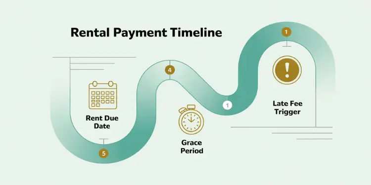 Illustration of a rent payment timeline with markers for due date, grace period, and late fee.