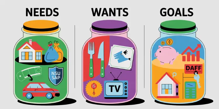 Illustration of jars labeled Needs, Wants, Goals containing expense icons.