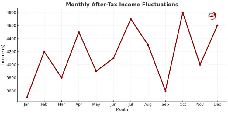 Line graph showing freelancer income fluctuations through the year