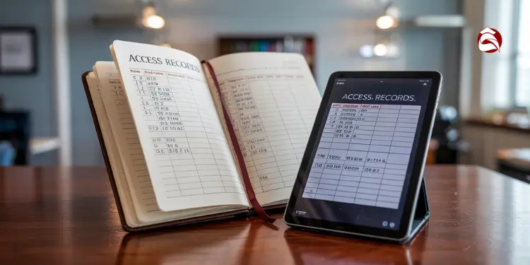 Open access records book and digital tablet showing records