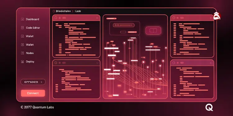 Red and black blockchain interface with multiple code windows and diagrams