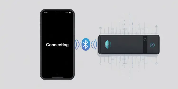 Mobile phone screen indicating 'Connecting' via Bluetooth to a hardware crypto wallet.
