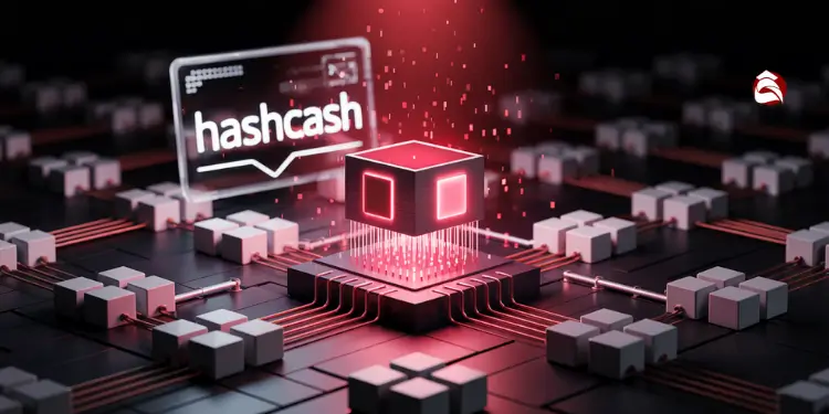 Digital cube above a CPU chip with the word "hashcash" displayed