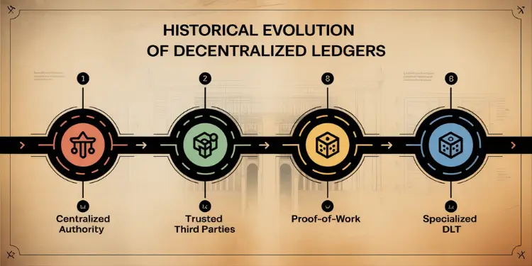 Stylized timeline with icons for centralized authority, trusted third parties, PoW, and specialized DLT.