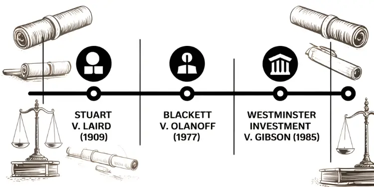 Graphic timeline of Stuart v. Laird, Blackett v. Olanoff and Westminster v. Gibson cases.