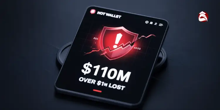 Tablet screen showing $110M lost in hot wallet breach with shield alert