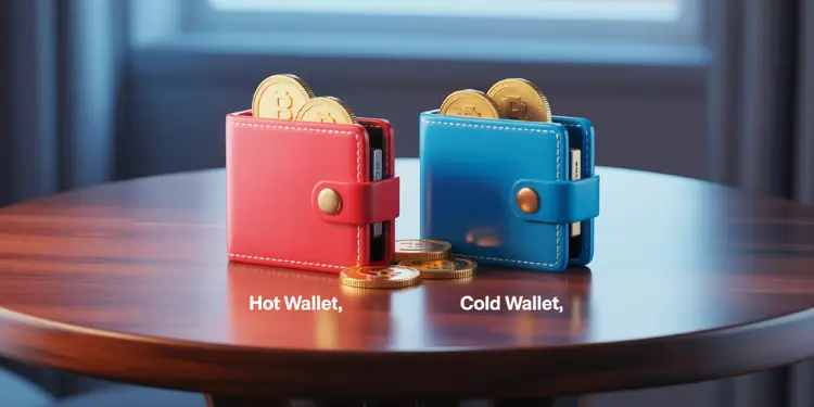 Red “Hot Wallet” and blue “Cold Wallet” models on a table with Bitcoin coins, highlighting online vs. offline storage.