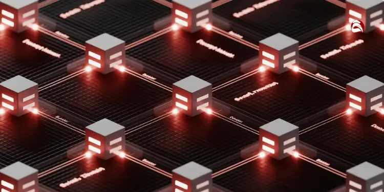 3D grid of glowing cubes representing blockchain network