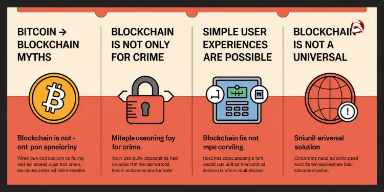 Four-panel graphic debunking blockchain myths