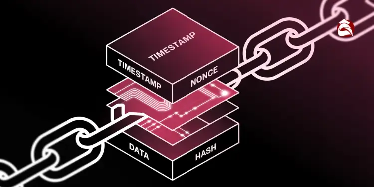 3D breakdown of a blockchain block with timestamp, hash, nonce