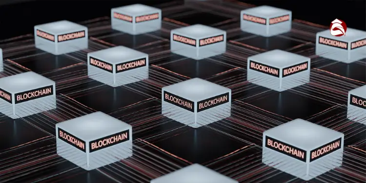 3D grid of interconnected cubes labeled "BLOCKCHAIN"