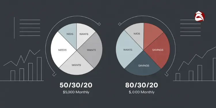 Two pie charts showing 50/30/20 and 80/30/20 budget allocations