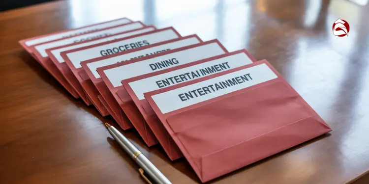 Red envelopes labeled by expense category on a table
