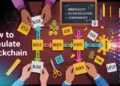 Top-down view of paper blocks linked by arrows, scissors, and a blockchain chalkboard