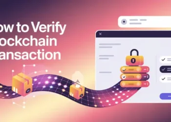 Illustration of blockchain flow to an explorer UI with transaction details and lock icons.