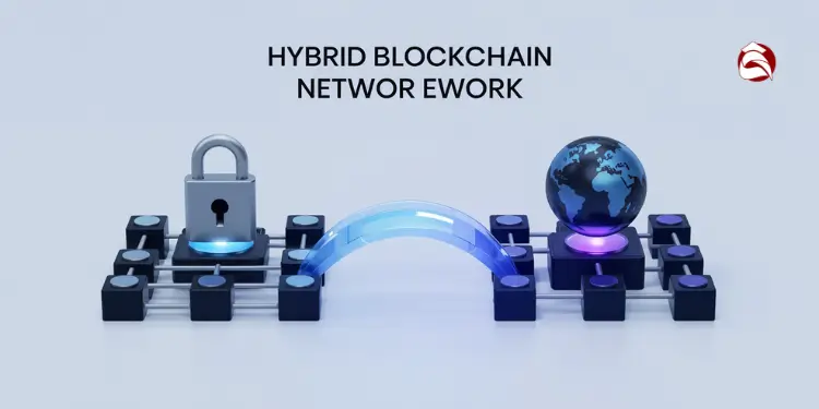 Hybrid blockchain illustration with lock, bridge, and globe representing connection