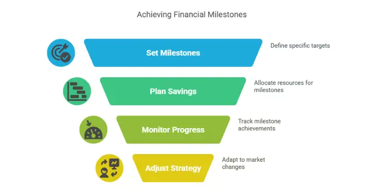 Stages, set milestones, savings plan, monitor progress, adjust strategy in a funnel.