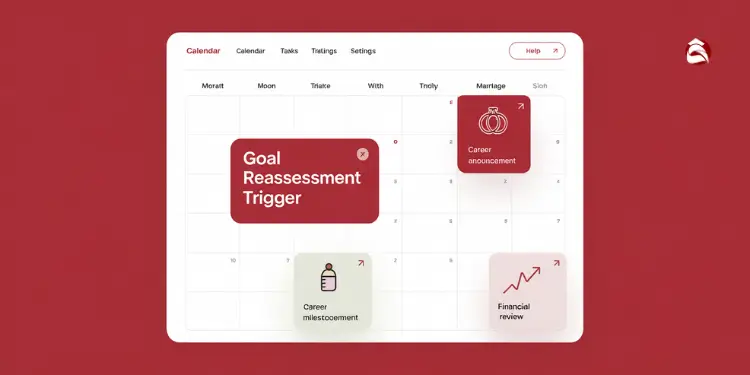 Calendar with life event icons and goal reassessment marker