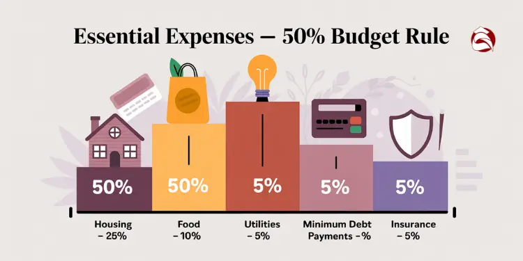 Column chart showing five essential expense types under 50% budget