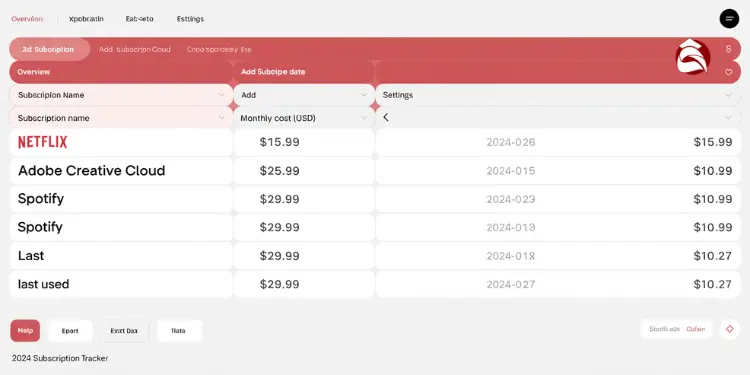 Subscription tracker table listing services like Netflix and Spotify with monthly costs
