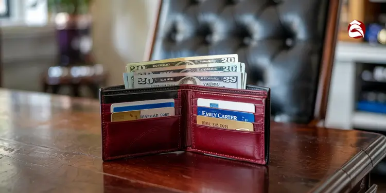 Wallet with cash bills and cards placed on wooden desk
