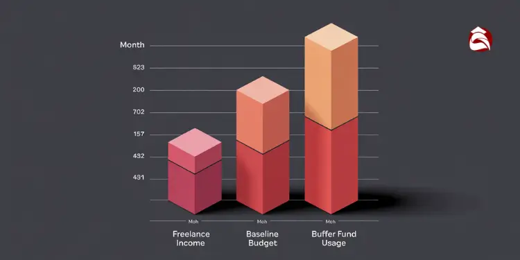 Bar chart comparing freelance income, baseline budget, and buffer fund usage