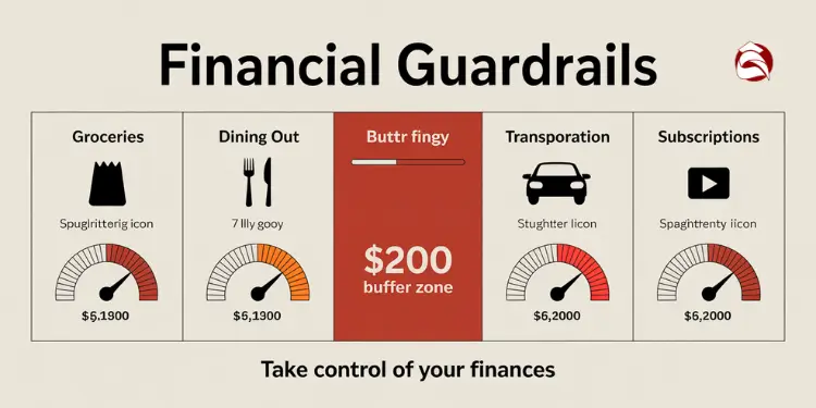 Spending meters for groceries, dining, transportation, subscriptions, and buffer