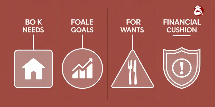 Four icons labeled needs, goals, wants, and cushion on a red background