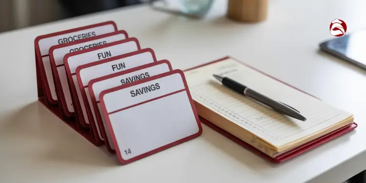 Cash envelope system with labeled dividers for groceries, fun, and savings