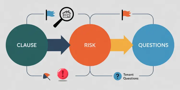 Flowchart illustrating how lease clauses map to risks and tenants’ key questions.