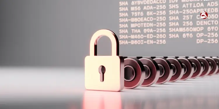 Lock icon and cryptographic hashes forming a secure blockchain