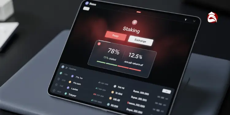 Tablet showing crypto staking dashboard with percentages and returns